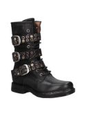 Botín negro de cuero para mujer con tachas, estilo punk, correas y hebillas metálicas.