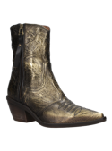 Botín dorado de cuero para mujer con estilo vaquero, diseño texturizado y costuras visibles, ideal para moda urbana.