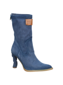 Bota azul de cuero para mujer, estilo casual con tacón alto, diseño clásico y moderno, ideal para atuendos informales.