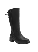 Bota de cuero negro para mujer, estilo casual, con taco cuadrado de altura media que equilibra estilo y comodidad.