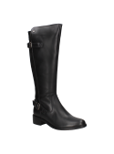 Bota negra de cuero para mujer, diseño clásico y elegante de montar, con cierre lateral y correas con hebillas decorativas.