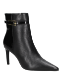 Botín negro de cuero para mujer, estilo casual, caña alta hasta el tobillo y detalle de correa con hebilla decorativa.