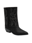 Bota vaquera de cuero negro para mujer, con detalles ornamentales y tachas metálicas, estilo moderno y atrevido.