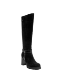 Bota negra de mujer en cuero con diseño elegante y moderno, caña alta estiliza la pierna y añade sofisticación.
