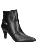 Botín negro de cuero para mujer, elegante y minimalista, con detalle trenzado lateral y tacón medio. Ideal para vestir.