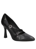 Zapato de vestir negro para mujer en cuero, ideal para eventos formales, con diseño elegante y clásico de taco alto.