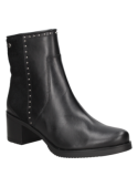 Botín de cuero negro para mujer, estilo casual, con detalles de tachas verticales que aportan un toque juvenil y moderno.