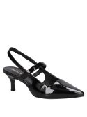 Zapato de mujer negro de charol con tacón aguja, ideal para eventos formales, hecho de 100% cuero con acabado brillante.