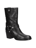Bota casual de cuero negro, con tacón ancho y medio, correa decorativa y caña hasta la mitad de la pantorrilla.