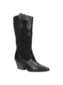 Bota femenina de cuero negro, estilo vaquero, diseño atrevido con texturas reptil y suaves, ideal para ocasiones especiales.