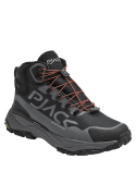 Botín outdoor gris con sistema de ajuste rápido en los cordones diagonales, ideal para superficies resbaladizas.