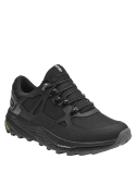 Zapatilla negra de trail running para hombre con diseño robusto y malla reforzada para durabilidad y transpirabilidad.