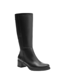 Calzado de cuero negro para mujer, bota casual con puntera redondeada que ofrece comodidad y espacio para los dedos.