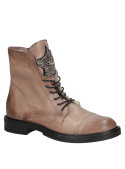 Botín taupe de cuero para mujer con diseño moderno, cierre de cordones y detalles brillantes en la lengüeta.