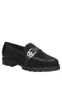 Mocasín de cuero negro para mujer, ideal para un look elegante con su hebilla distintiva y diseño atemporal.