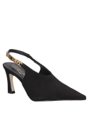 Zapato de mujer negro de cuero con taco alto y delgado, ideal para un look sofisticado y moderno en eventos elegantes.