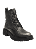 Botín de cuero metalizado para mujer, estilo casual con diseño robusto y moderno, ideal para un look urbano y versátil.