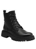 Botín negro de cuero para mujer, estilo casual y moderno con diseño tipo combat, ideal para un look urbano y versátil.