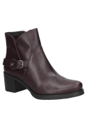 Botín de cuero burdeo para mujer, estilo casual, con tacón cuadrado medio y hebilla lateral, ideal para el uso diario.