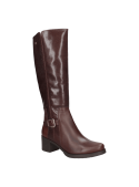 Bota de cuero café para mujer, caña alta hasta la rodilla, ideal para ocasiones semiformales, con hebilla moderna.