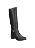 Bota de cuero negro para mujer, versátil y sofisticada, ideal para combinar con faldas o pantalones ajustados.