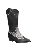 Botas western de cuero negro con recortes y tachuelas, ideales para eventos informales o festivales.