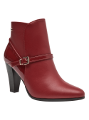 Botín rojo de cuero y elástico para mujer, estilo casual, con taco aguja y punta puntiaguda.