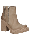 Botín taupe de cuero para mujer, diseño robusto y contemporáneo, con cierre de cremallera lateral y suela plataforma.