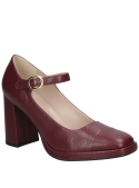Zapato burdeos de cuero para mujer, estilo casual clásico, con taco cuadrado alto y acabado liso y brillante en la punta.