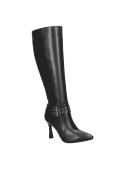 Bota de cuero negro para mujer, perfecta para eventos elegantes, con detalles que realzan su estética clásica y moderna.