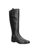 Bota de cuero negra para mujer, punta redonda, combina elegancia y confort.