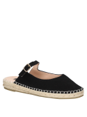 Alpargata de cuero negro con hebilla dorada, perfecta para un estilo casual chic y comodidad.