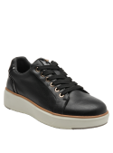 Zapatilla de cuero negro con detalles dorados, versátil para ocasiones informales y semi-formales.