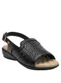 Sandalia de cuero negro, estilo minimalista, adecuada para eventos informales y climas cálidos.