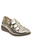 Zapato de cuero dorado para mujer, perfecto para eventos informales.