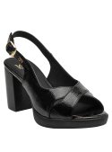 Sandalia formal de cuero negro con tacón grueso, perfecta para ocasiones elegantes y sofisticadas.