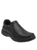 Zapato slip-on de cuero negro, diseño sobrio y funcional para eventos semiformal.