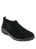 Zapatilla de cuero negra para mujer, diseño casual sin cordones, ajuste adaptable y elegante.