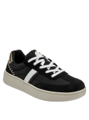 calzado de cuero negro con detalles blancos, ideal para estilo casual chic femenino