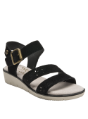 Sandalia negra de cuero con tacón bajo en plataforma, perfecta para caminatas largas y estilo casual.
