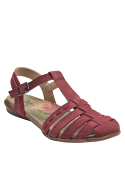 Sandalia de cuero burdeos para mujer, diseño clásico con tiras entrelazadas y suela de goma.
