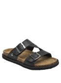 Sandalia de cuero negro con hebillas modernas, perfecta para combinar con prendas ligeras.
