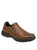 Zapato de cuero marrón sin cordones, suela cómoda para caminar, estilo semi-formal.