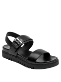 Sandalia negra de cuero para mujer, estilo casual, adecuada para salidas informales.