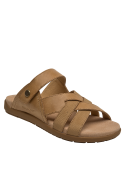 Elegante sandalia camel de cuero, diseño atemporal que complementa cualquier atuendo casual.