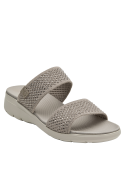 Sandalia gris de mujer, material textil, estilo deportivo con cuña y punta abierta.