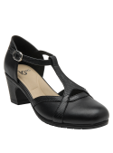 Zapato de cuero negro con taco bloque y punta redonda, cómodo y estable, recomendado para uso diario.