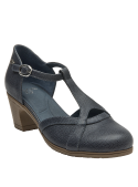 Calzado casual azul para mujer, cuero y microfibra, taco bloque que ofrece estabilidad y elegancia.