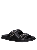 Sandalia negra de cuero para mujer, estilo casual y versátil para combinar.