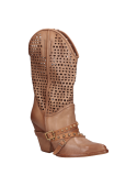 Bota de cuero camel para mujer, diseño sofisticado con taco bloque, realza cualquier conjunto casual o formal.